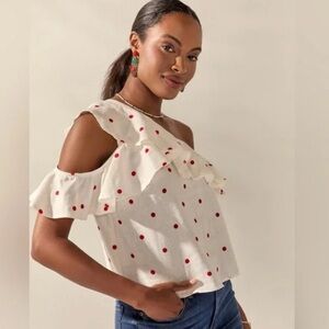 Francesca's Collections One-Shoulder Ruffle Polka Dot Top White w/ Red Dots NWT